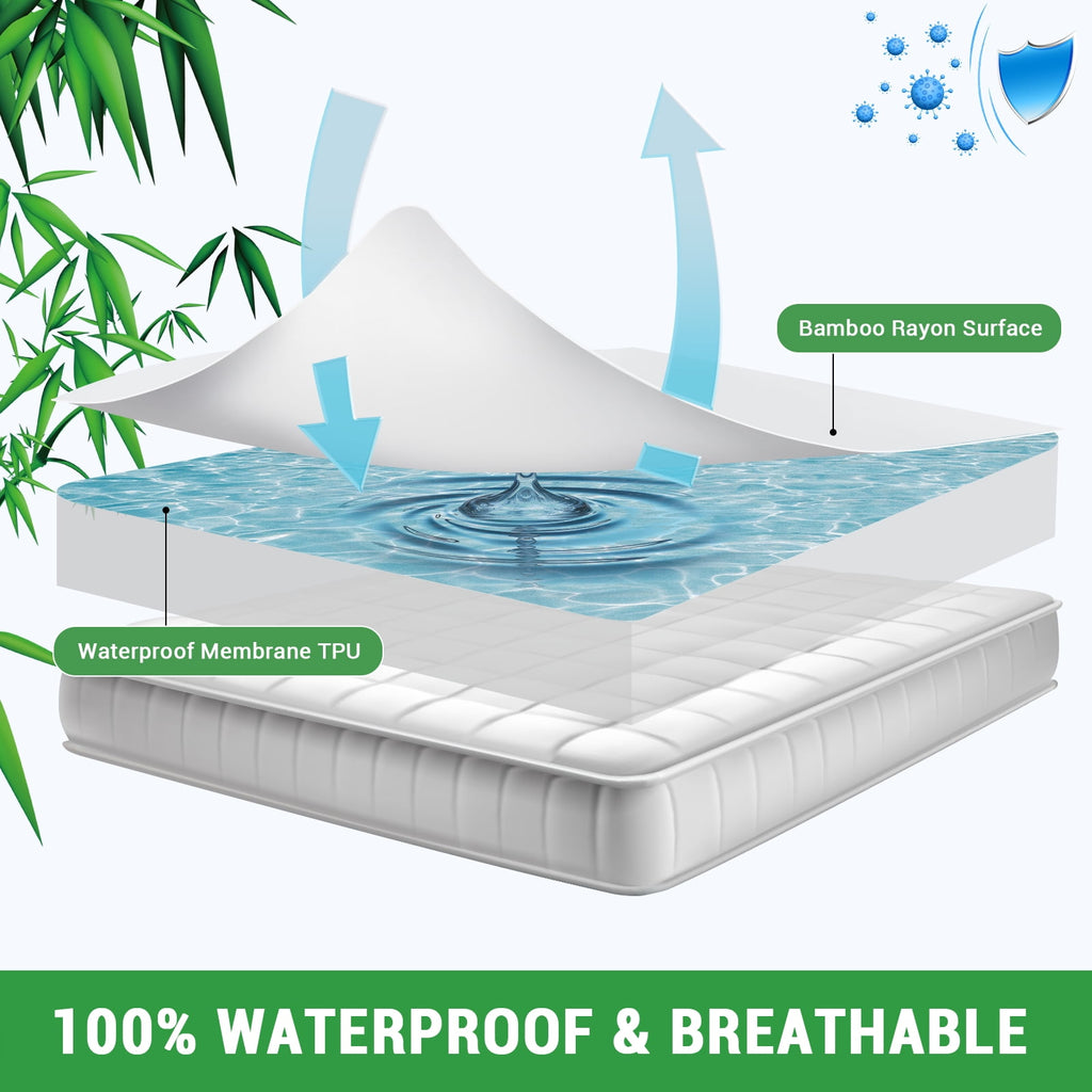 Gogreen Waterproof Mattress Protector Bed Bug Mattress Cover Queen Size Bed, Cooling Queen Bed Mattress Protector, Plastic Queen Size Mattress Covers with Deep Pocket Fitted 6"-16" (Bamboo,White)