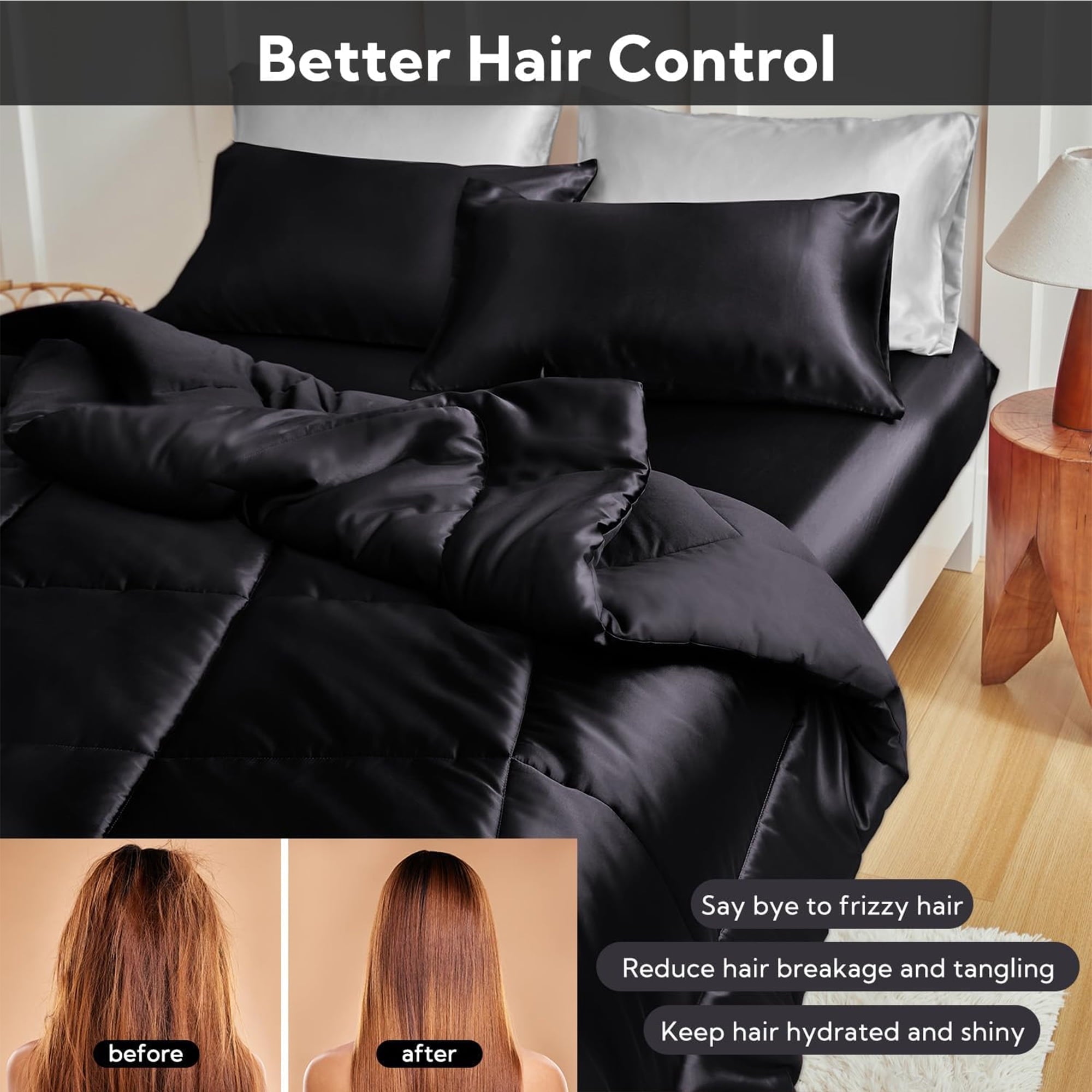 MR&HM Reversible Satin Microfiber Comforter 3 Pieces Queen Size, Black Queen Comforter Set for All Seasons, Silky Soft Satin Comforter for Hair and Skin, with Satin Pillowcases Set of 2