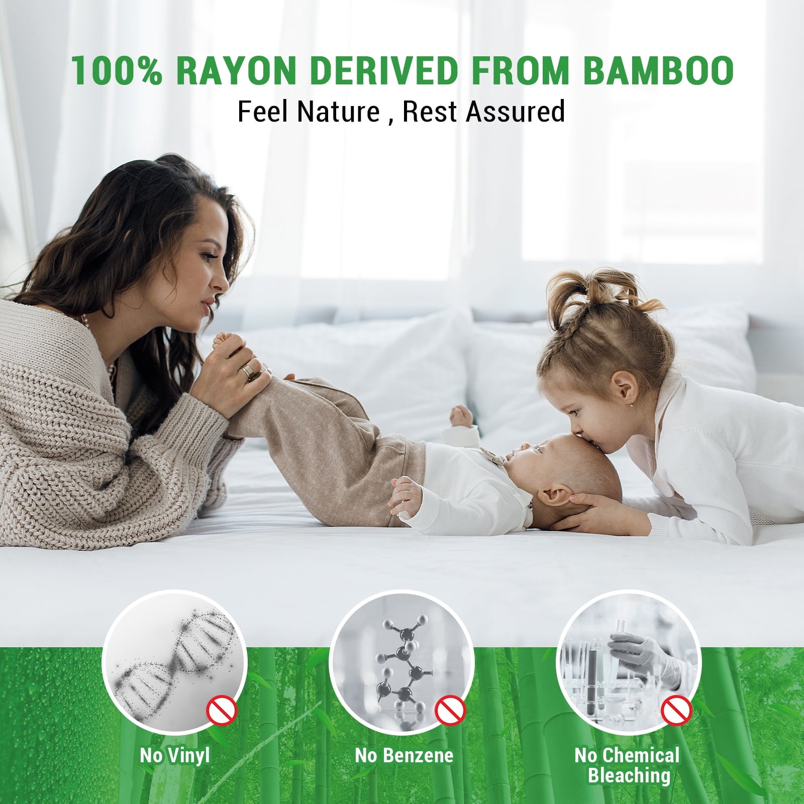 Gogreen Waterproof Mattress Protector Bed Bug Mattress Cover Queen Size Bed, Cooling Queen Bed Mattress Protector, Plastic Queen Size Mattress Covers with Deep Pocket Fitted 6"-16" (Bamboo,White)