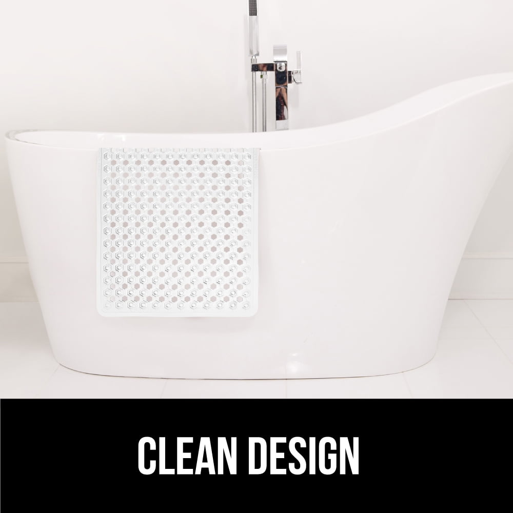 GORILLA GRIP Patented Bath Tub Shower Mat, Machine Washable Bathtub Floor Liner Mats, Suction Cups and Drain Holes to Keep Tubs Clean, Soft on Feet, Bathroom Essentials, 35x16 Inch, Clear