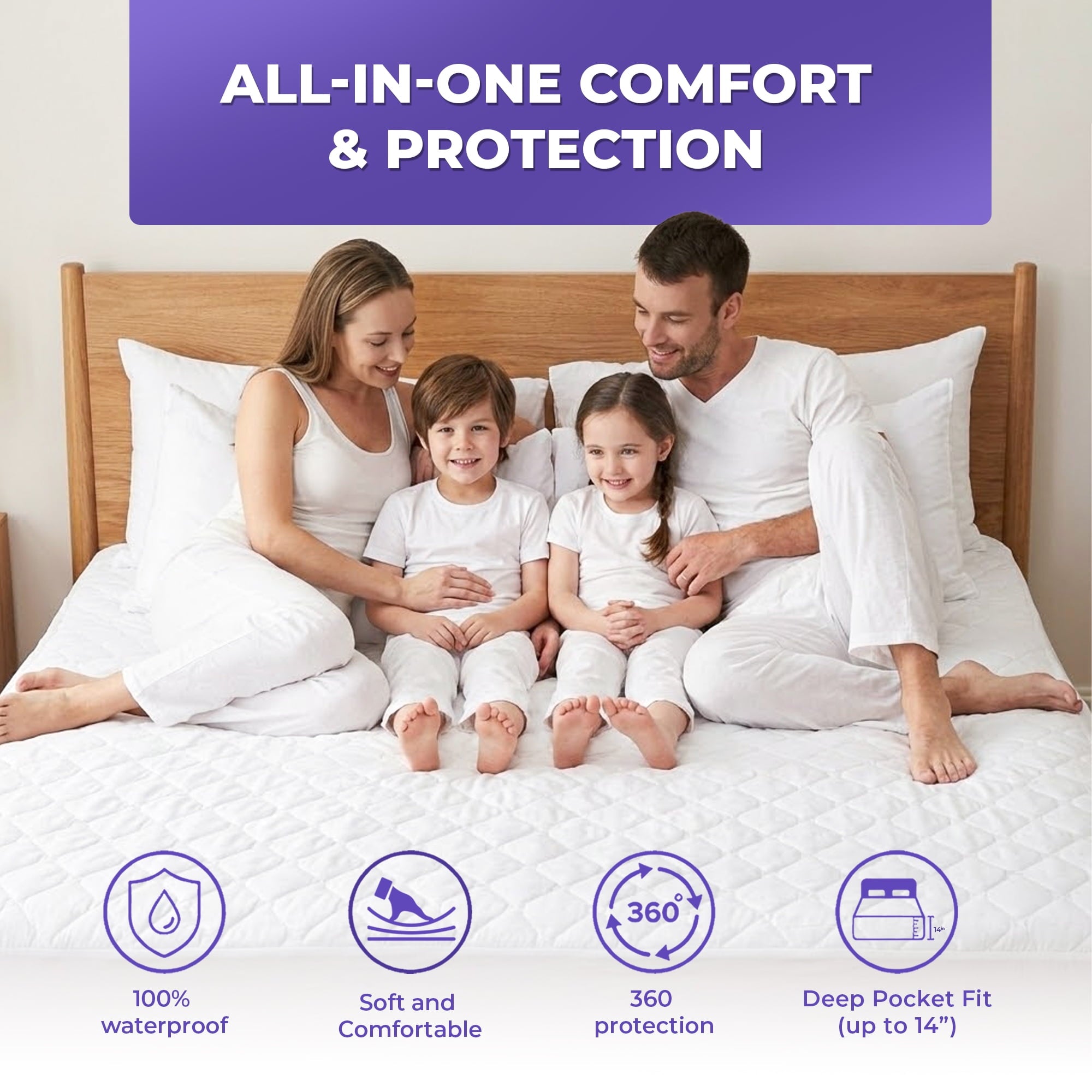 Tawfeeq Linens Waterproof Mattress Protector - Queen - Quilted, Breathable & Noiseless with Deep Pocket Elastic Skirt