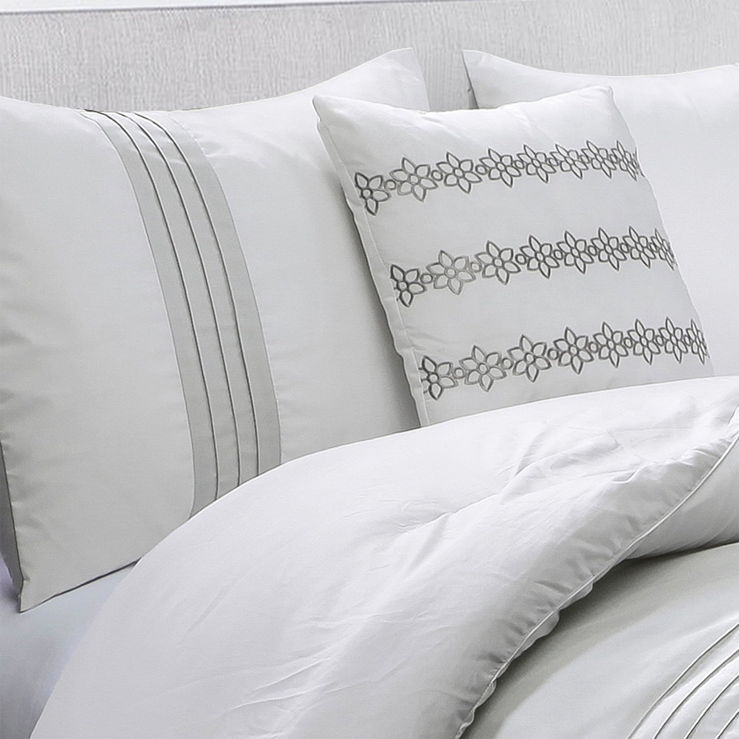 HIG 7 Piece Embroidery White Bed in a Bag, Modern and Stylish Comforter Set, Queen for Adults