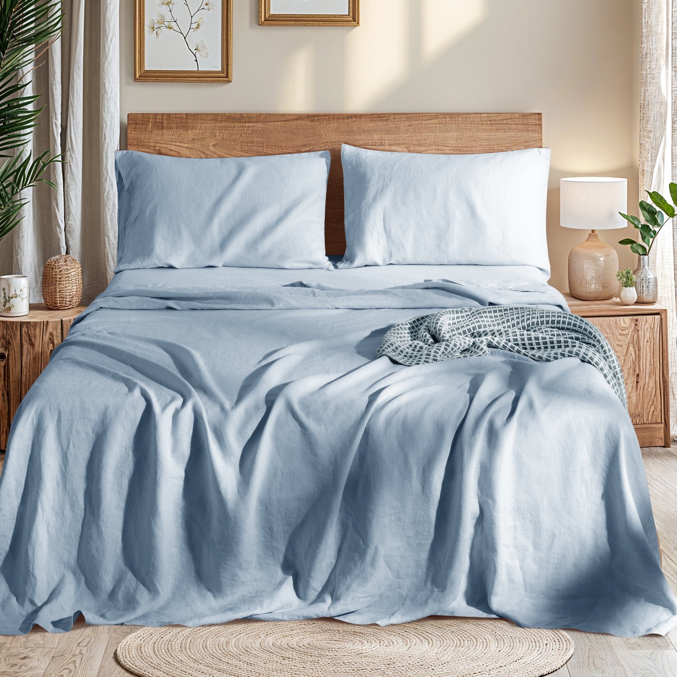 AiAngu Natural Linen Cotton Bed Sheets Set, Deep Pocket - Breathable - Durable - 4 Pieces (Linen, Queen)