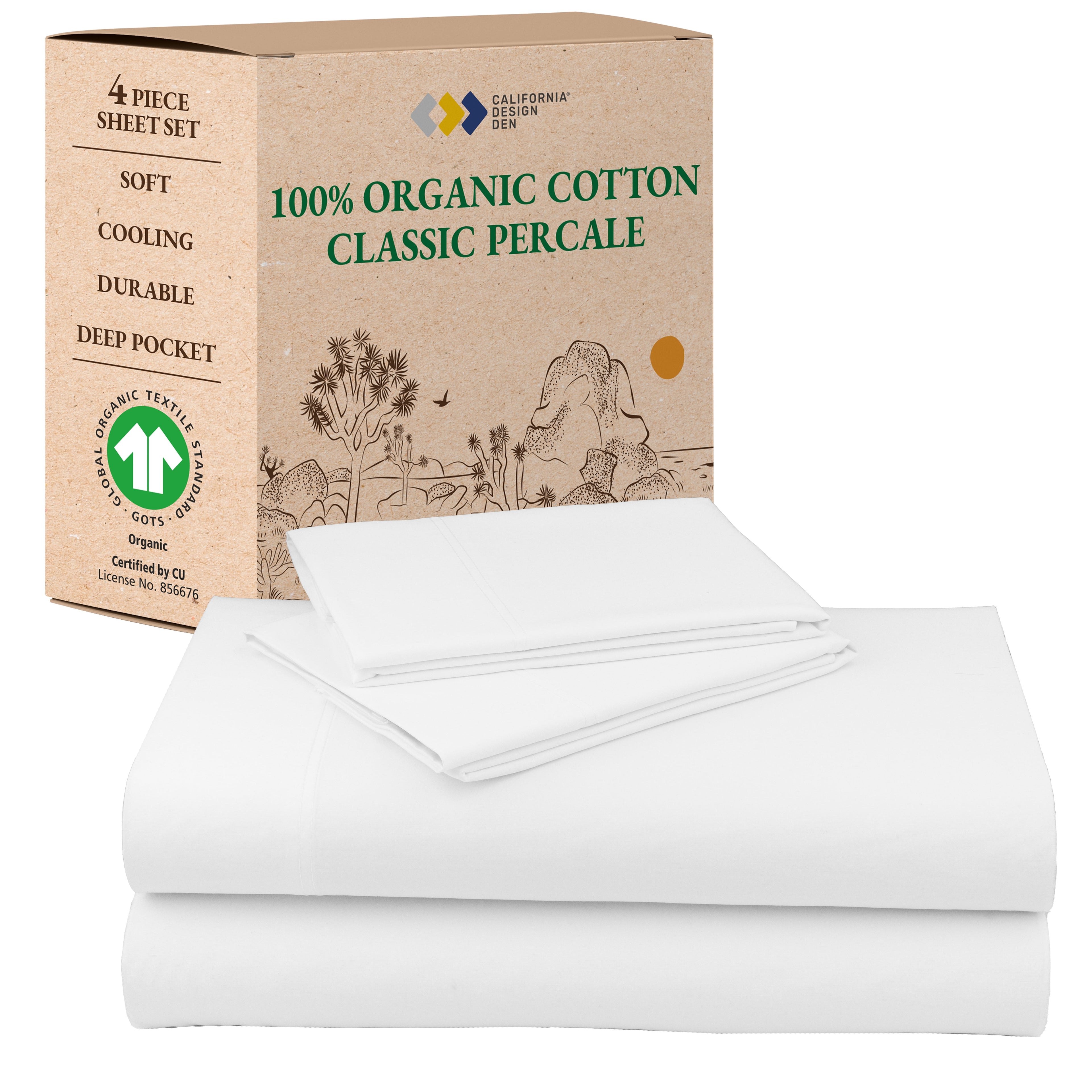 California Design Den Queen Sheets, 100% Organic Cotton Sheets - Percale Sheets - Soft, Crisp Sheets, Deep Pockets, 4 Piece Bed Sheet Set, Bright White