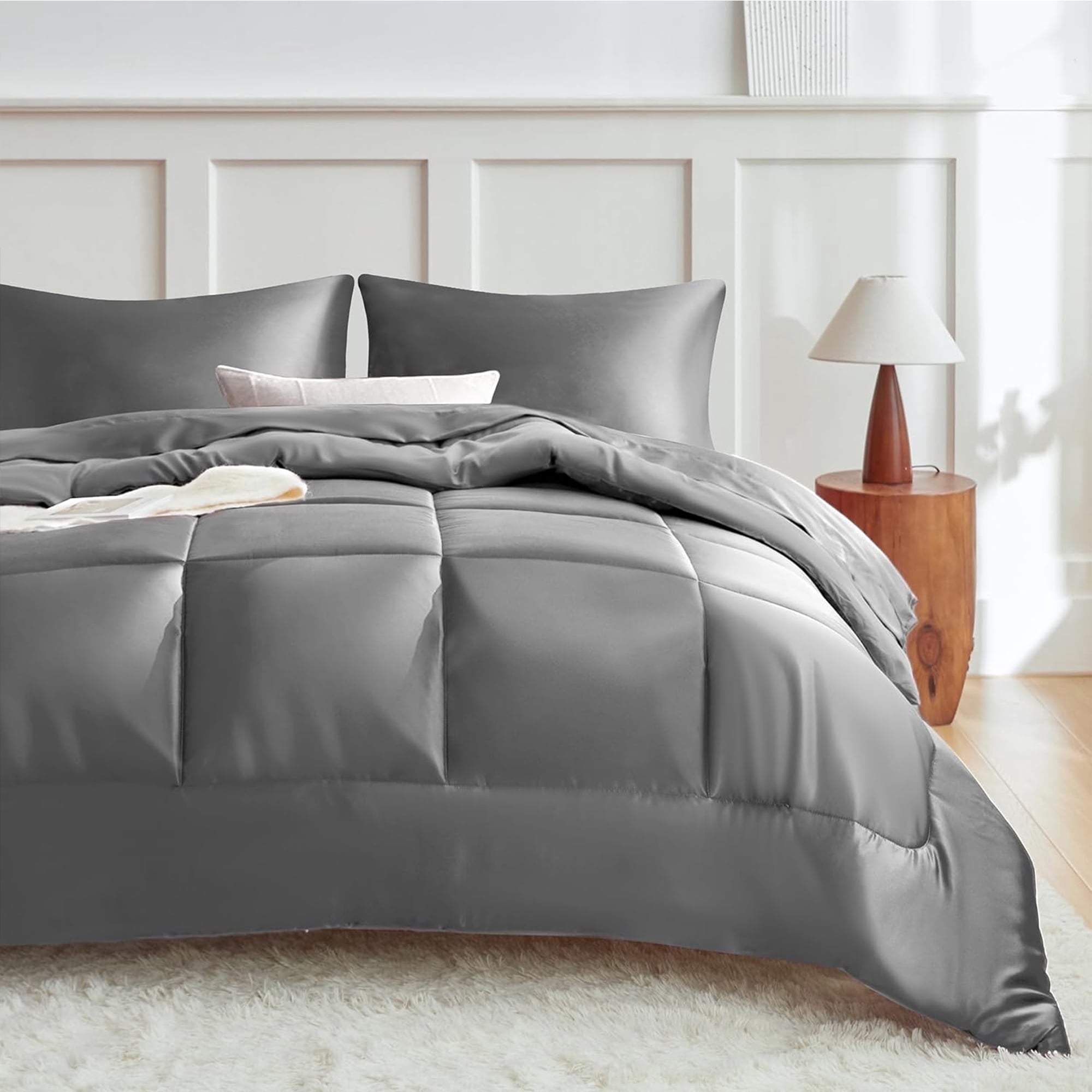 MR&HM Reversible Satin Microfiber Comforter 3 Pieces Queen Size, Black Queen Comforter Set for All Seasons, Silky Soft Satin Comforter for Hair and Skin, with Satin Pillowcases Set of 2