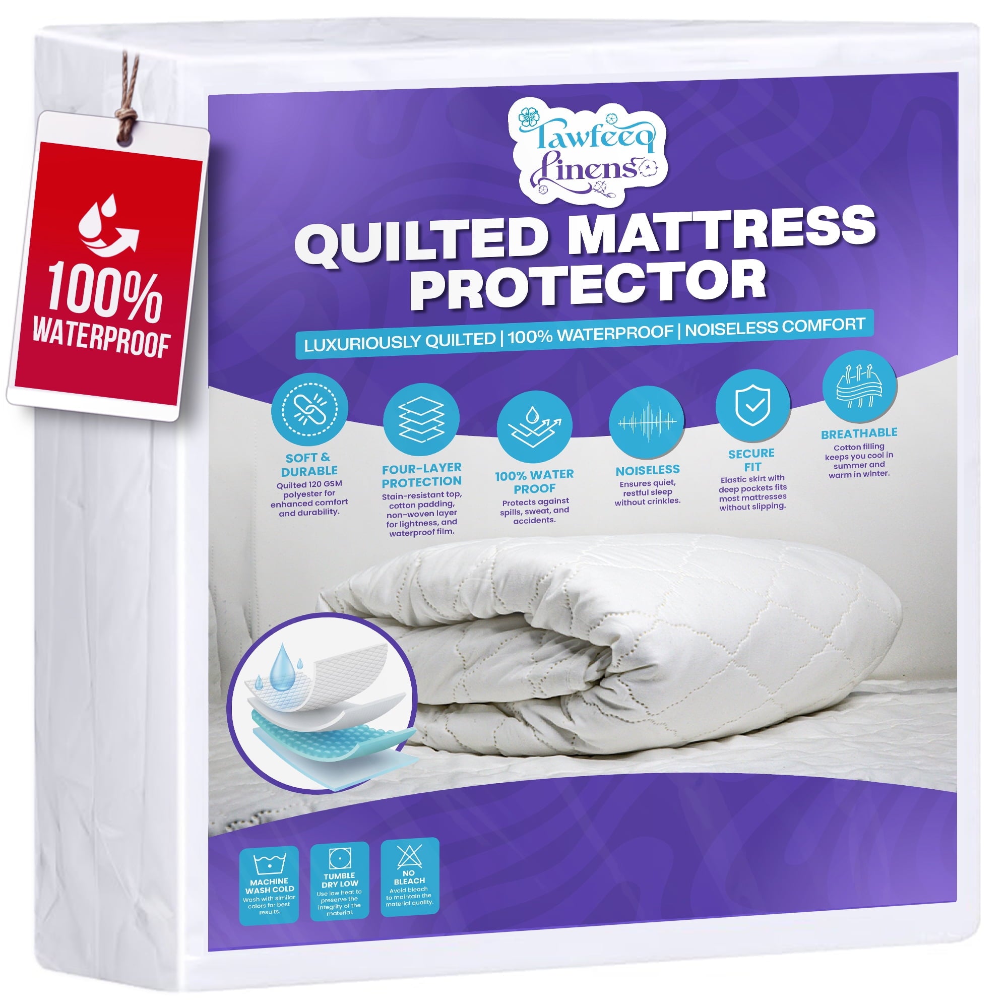 Tawfeeq Linens Waterproof Mattress Protector - Queen - Quilted, Breathable & Noiseless with Deep Pocket Elastic Skirt