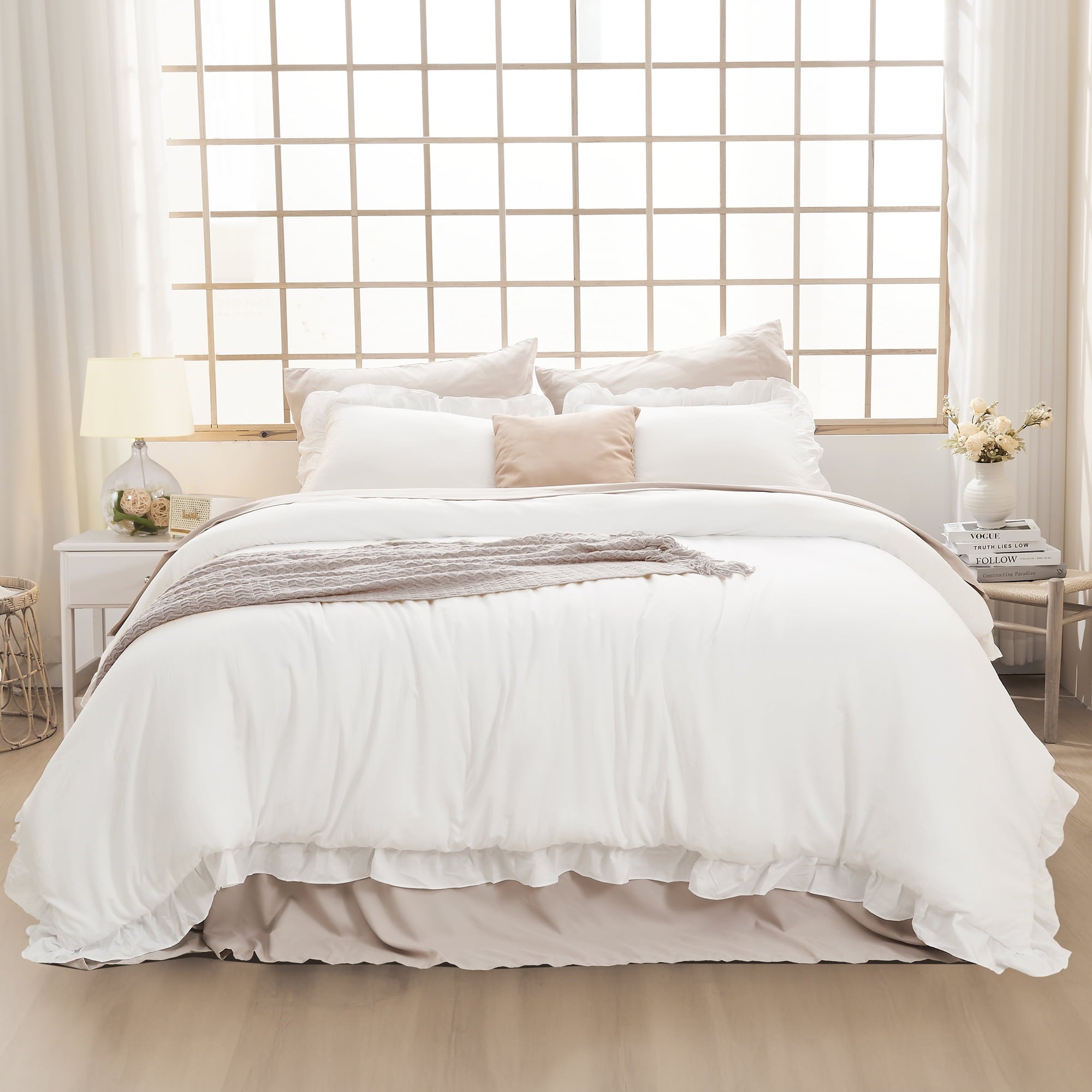 ANGENIA Queen Comforter Set White, 3 Pieces Soft Fluffy Farmhouse Ruffle Bedding Comforter Sets for Queen Bed, All Season Lightweight Down Alternative Bed Set(90"x90" Comforter & 2 Pillowcases)