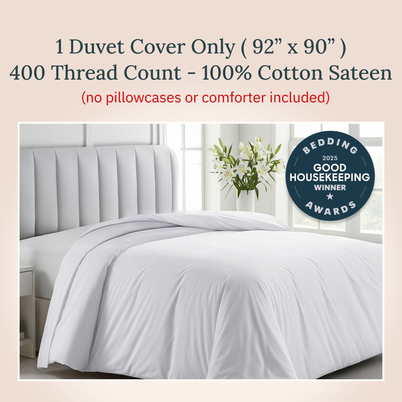California Design Den White Duvet Cover Queen - 400 Thread Count 100% Cotton, Quality Comforter Cover, Soft Sateen, Bright White