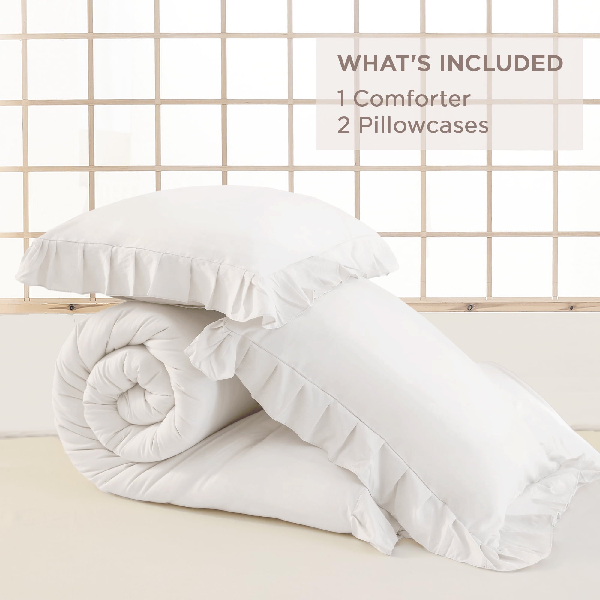 ANGENIA Queen Comforter Set White, 3 Pieces Soft Fluffy Farmhouse Ruffle Bedding Comforter Sets for Queen Bed, All Season Lightweight Down Alternative Bed Set(90"x90" Comforter & 2 Pillowcases)